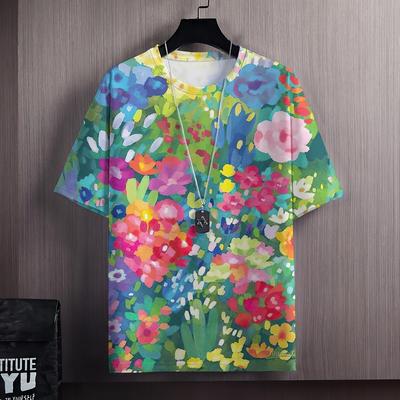 Colorful Flowers Clusters 3D Print T Shirt For Men Grass Plant Pattern Tees Summer Casual Short Sleeve Tops Round Neck T-Shirts