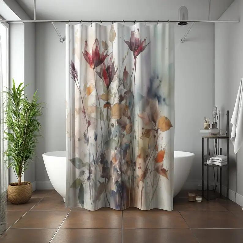

Botanical Shower Curtain - Wildflowers Watercolor Print, Loose Floral Design, Whimsical Bath Decor W60H190(CM)-1 Pcs