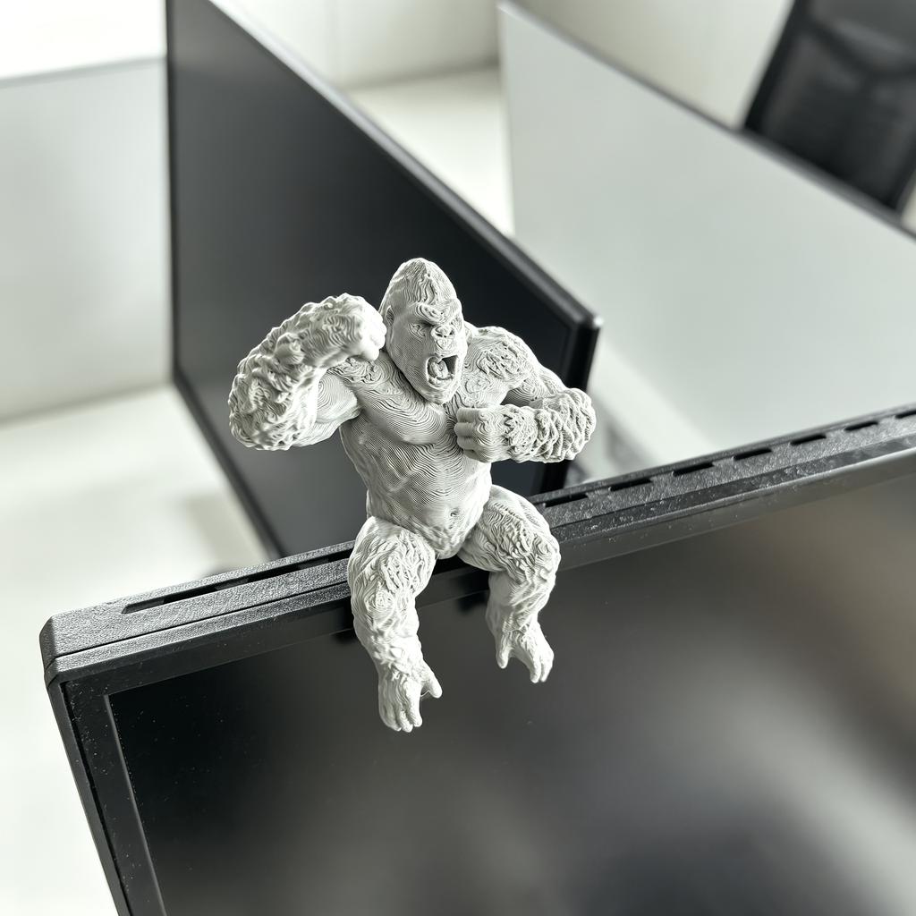 Creative Roar Gorilla Desk Monitor Topper Figurine 3D Printed Statue Grey Ape Ornament for Computer Monitor Shelves Office Decor
