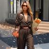 2026 Women's Solid Color Deep V-neck Top + Straight Leg Pants Two-piece Set - European and American Style, Loose Fit, Long Sleeve, Lightly Mature.