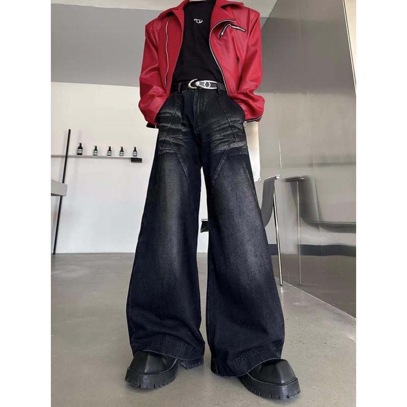 Mens Retro Wide-Leg Denim Pants High-Waisted