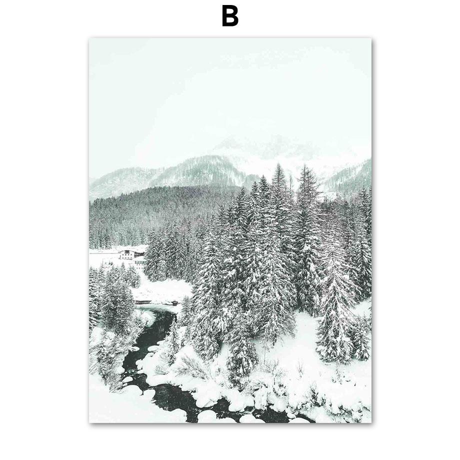 Vinter Snø Skog Fjell Furutre Elg Hjort Veggkunst Lerretsmaleri Plakater og utskrifter Veggbilder til stuedekor