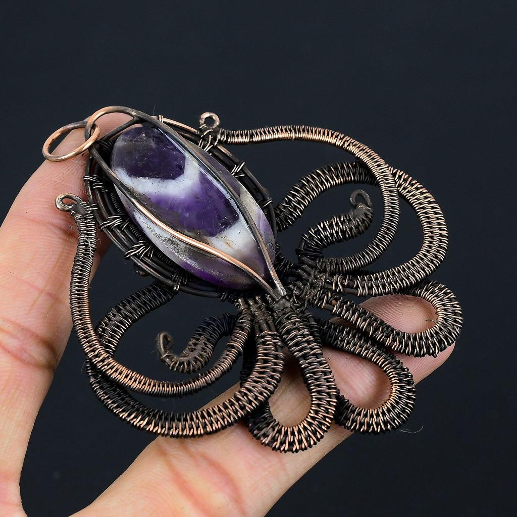 Salbei-Amethyst-Oktopus-Form-Edelstein, reiner Kupferdraht, umwickelt, handgefertigter Anhänger, Schmuck, Geschenk für Sie