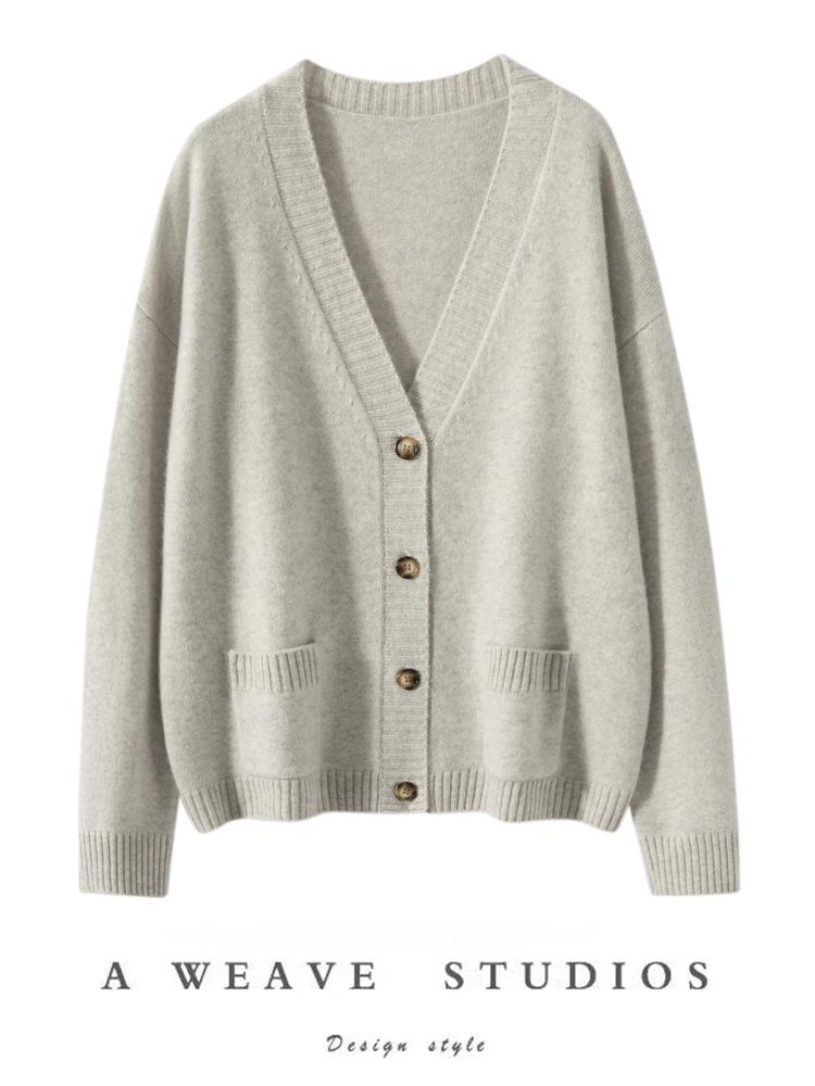 Women's Minimalist V-Neck Cashmere Cardigan - Buttoned, Thick, Wool Sweater Coat