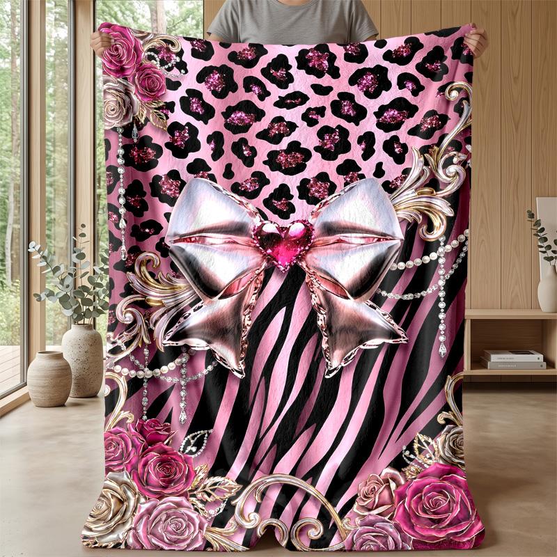 Pink Animal Print Bow Theme Blanket Lightweight Warm Flannel Blanket Decorative Throw Blanket for Home Decoration