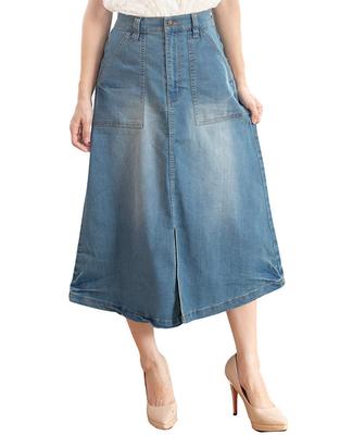 Happy Honu Long Skirt Stretch Elastic Plus Size Blue (Beautiful Silhouette), Denim, A-Line, Waist, Long, Pockets, LL,