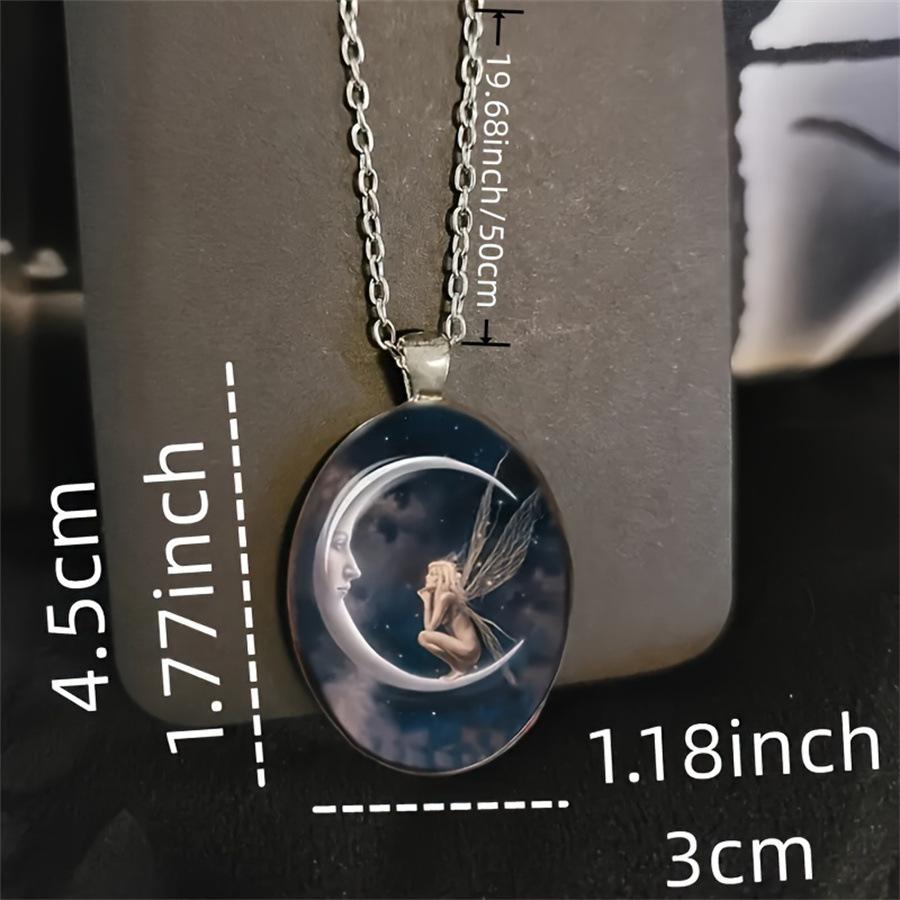Moon Goddess Painted Oval Pendant Necklace, Unisex Alloy Jewelry (Pendant 4.5*3cm, Chain 50cm)