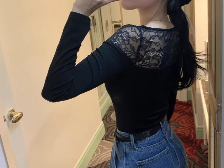 Korean Dongdaemun Women's Sexy Lace Spliced Slim Knit Sweater