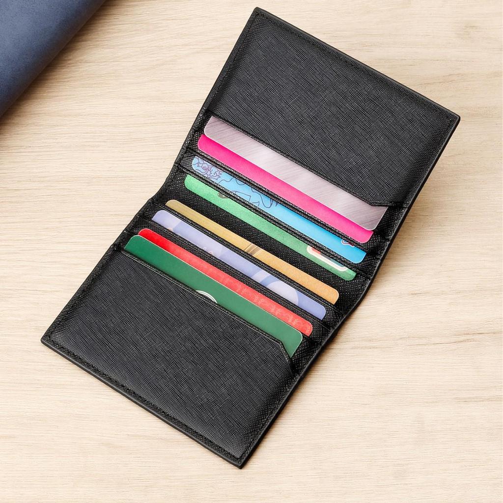 Men's Minimalist Crossgrain Cowhide Leather Card Holder with Logo and Anti-magnetic Feature.