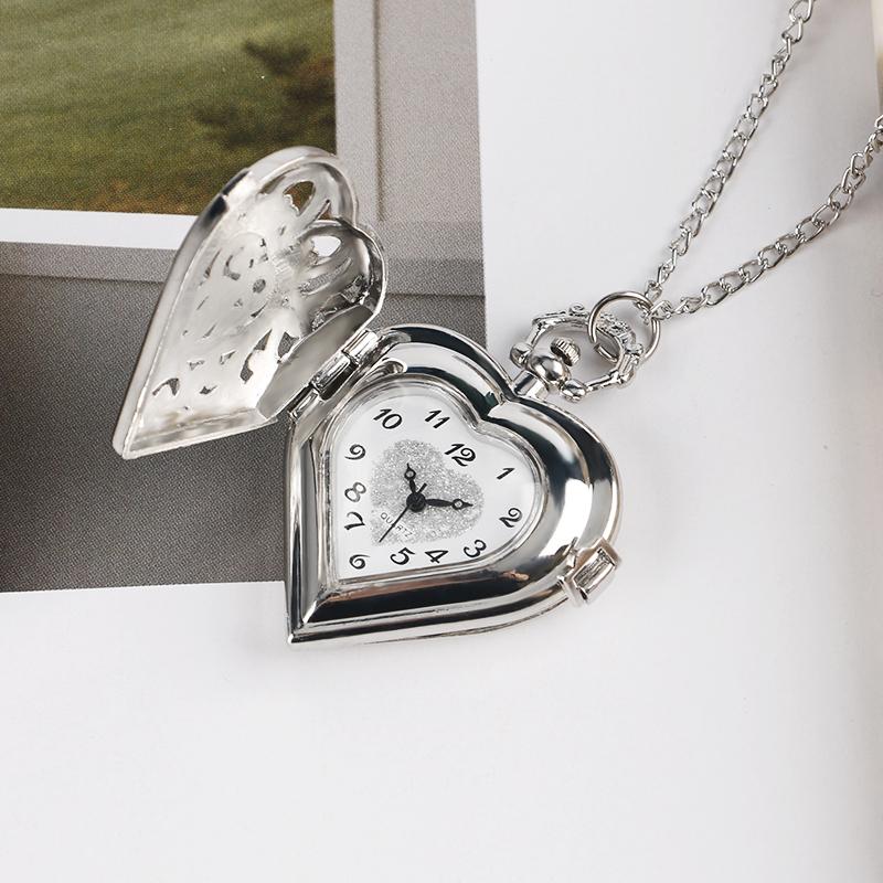 Exquisite Heart Shape Design Pocket Watch Hollow Necklace Chain Pendant Quartz Clock Elegant Leisure Gift Accessories
