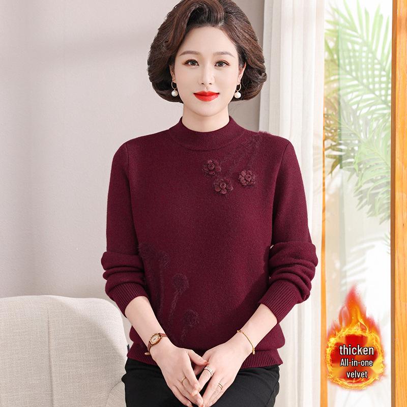 Mom's Velvet One-Piece Winter Base Layer Top for Middle-Aged & Elderly Women - Warm, Plus Velvet, Thick Knit