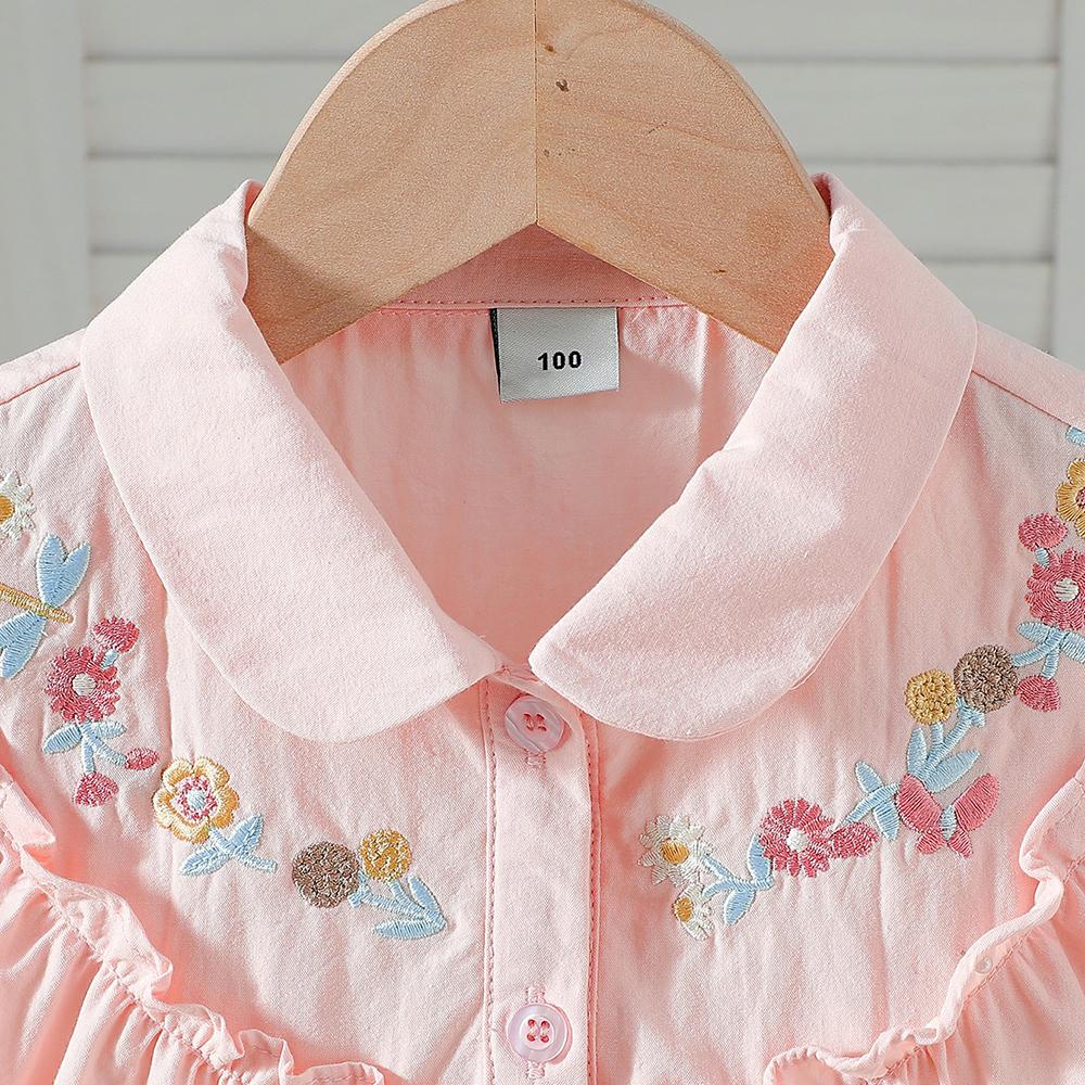 Kids 100% Cotton Fly Ruffle Sleeve Blouse 2-8 Years Floral Embroidery Doll Collar Girls Button Shirt Summer Casual Tops