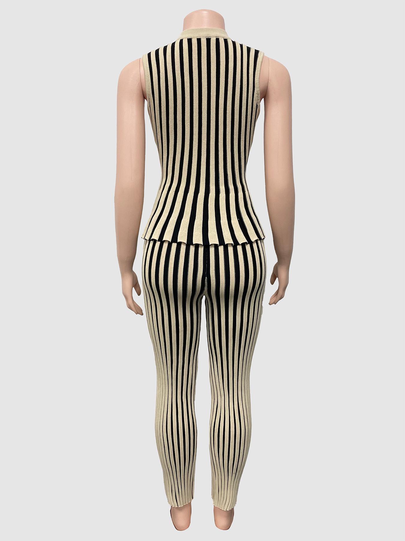 

European Fashion Knit Striped Cut-out Sleeveless Cardigan & Hip-lifting Slim-fit Long Pants Set L