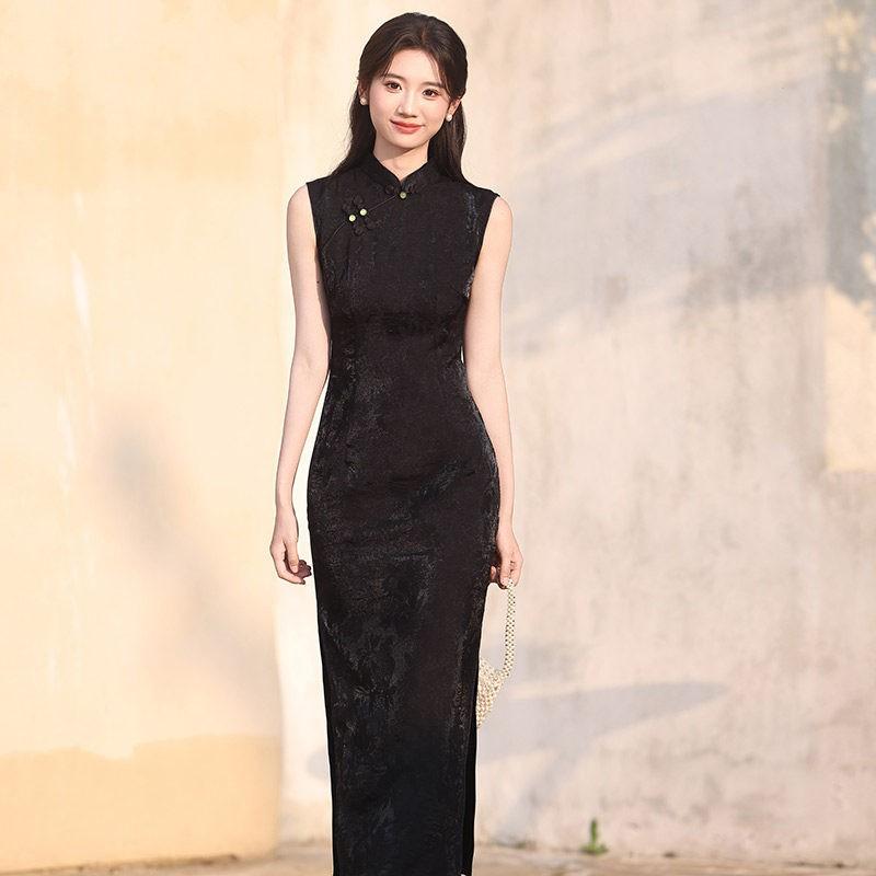 Black Sleeveless Long Cheongsam Dress 2026 Womens Modern Chinese Style Elegant Vintage Fit Small