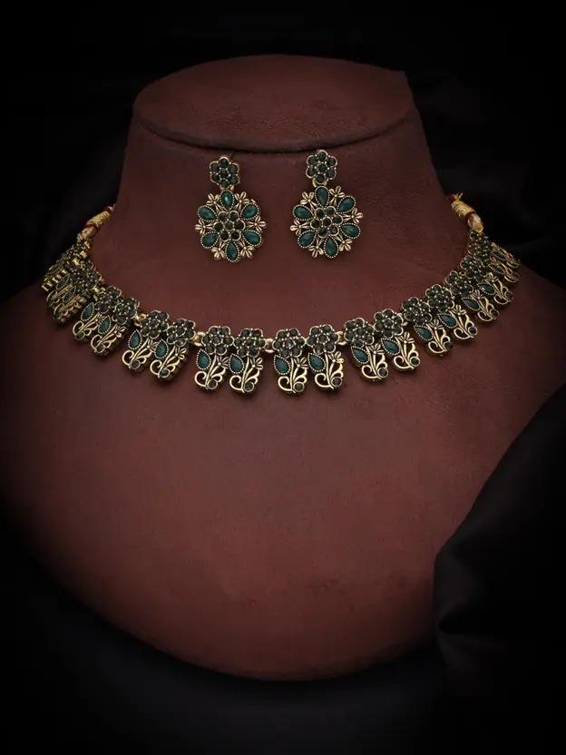 Brass, Stone, Crystal, Stainless Steel Gold-plated Gold, Green Jewellery Earring & Necklace Set