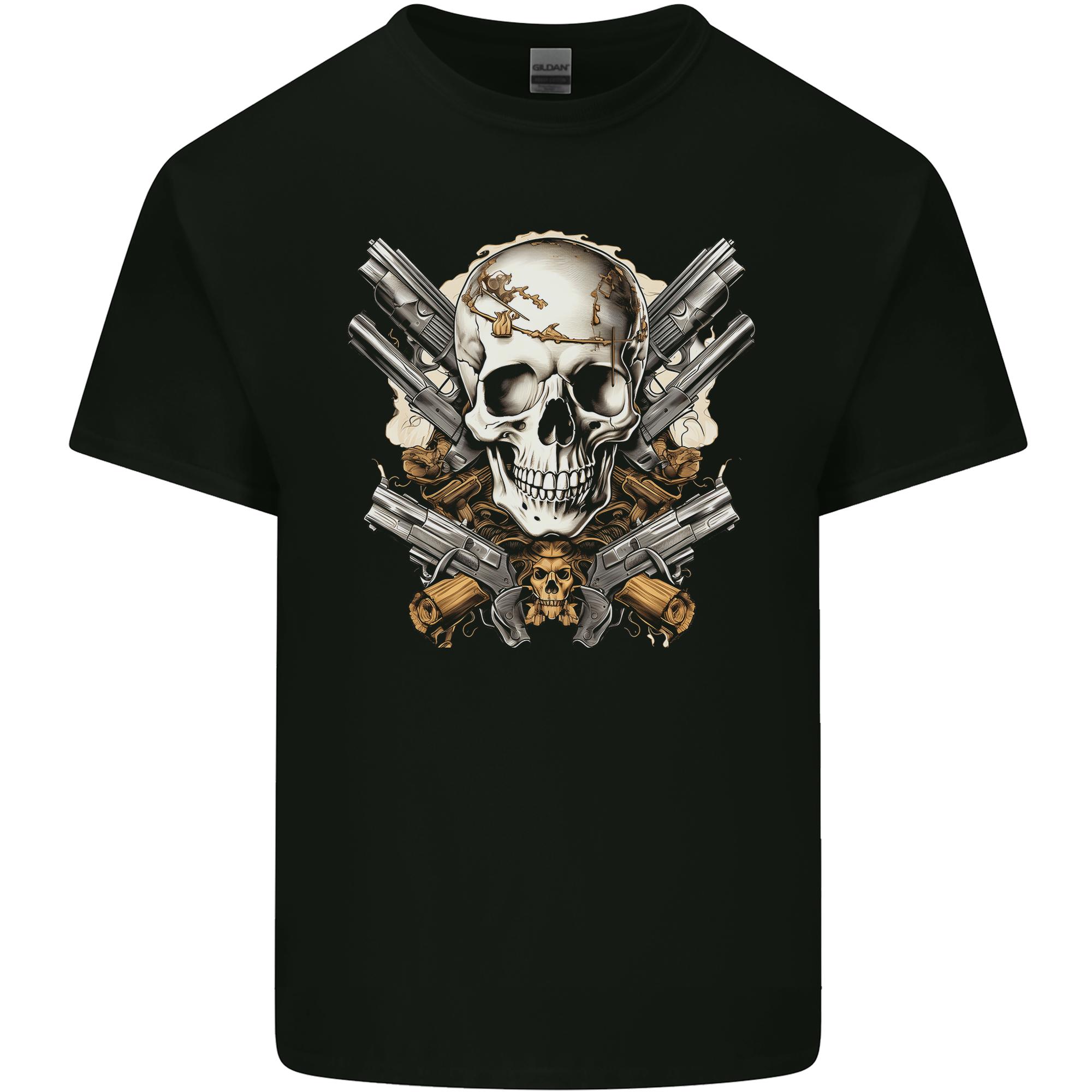 A Skull With Guns Cowboy Biker Unisexs Light Cotton TShirt S