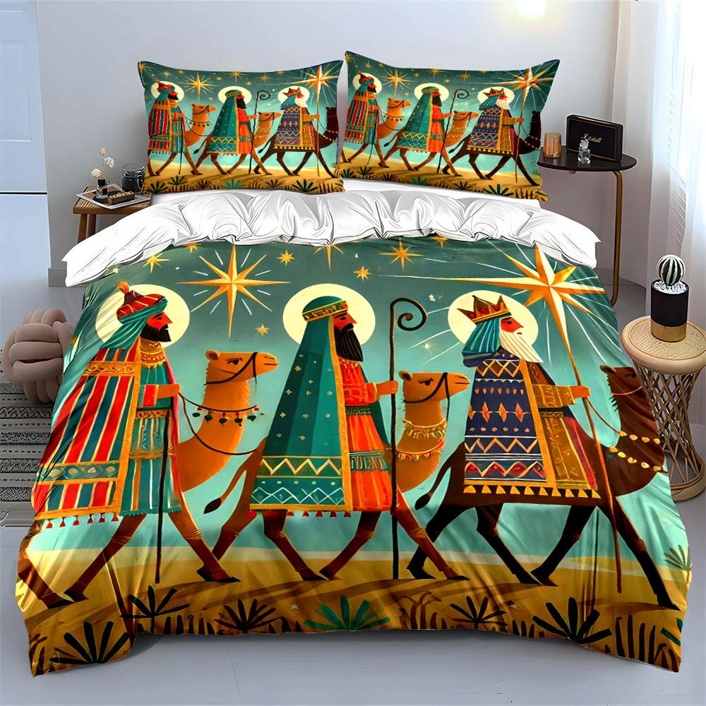 Three Wise Men with Camels Pattern Bedding Duvet Cover Set Duvet Cover Pillowcases (1*Duvet Cover 2*Pillowcases, Without Duvet Insert)