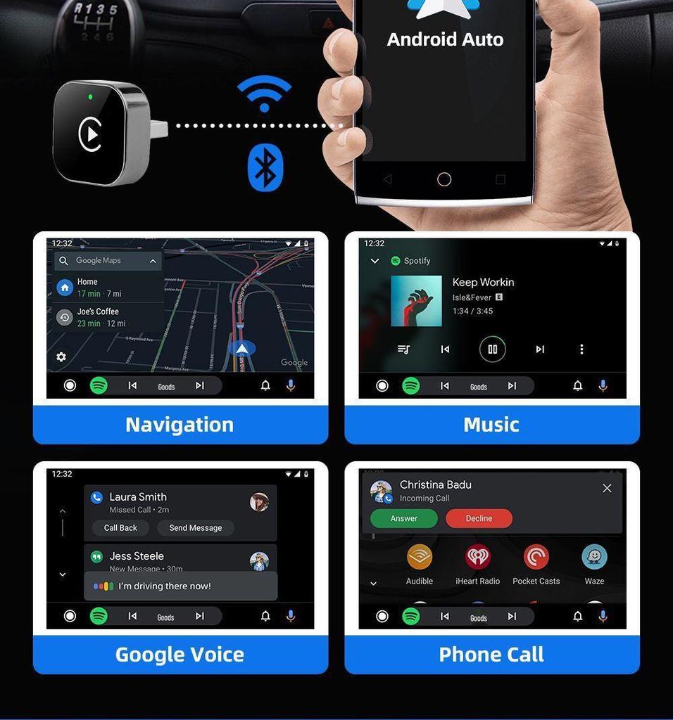 Wireless CarPlay Adapter for Smart Car Connectivity, Compatible with Apple & Android.