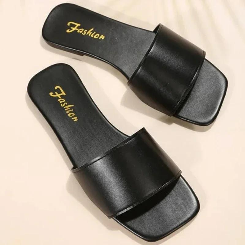 Minimalist Single Band Slide Sandals Solid Color Women Slippers 2025 Summer New Outdoor Sandy Beach Open Toe Flat Shoes