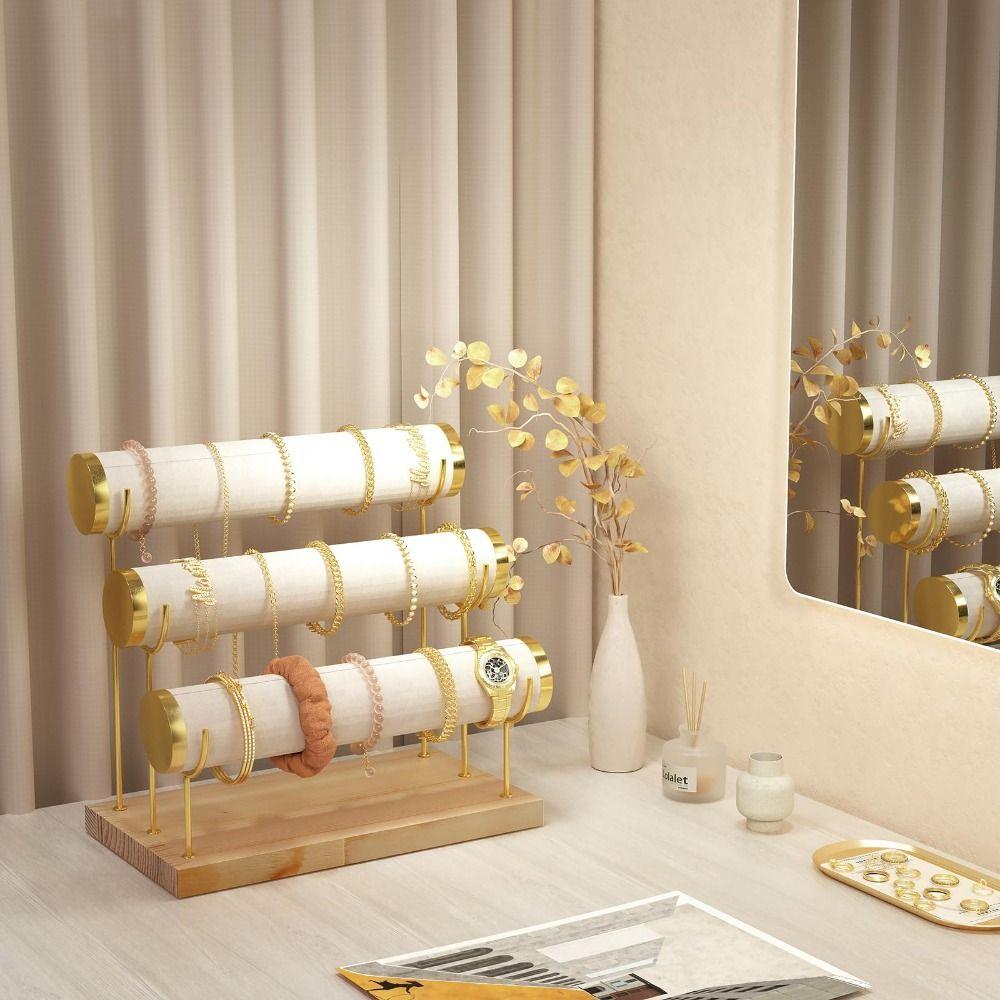 Upgraded 3 Tier Bracelet Organizer Stand Wooden Flannel Wrap Jewelry Display Stand Detachable Metal Necklace Storage Rack Women