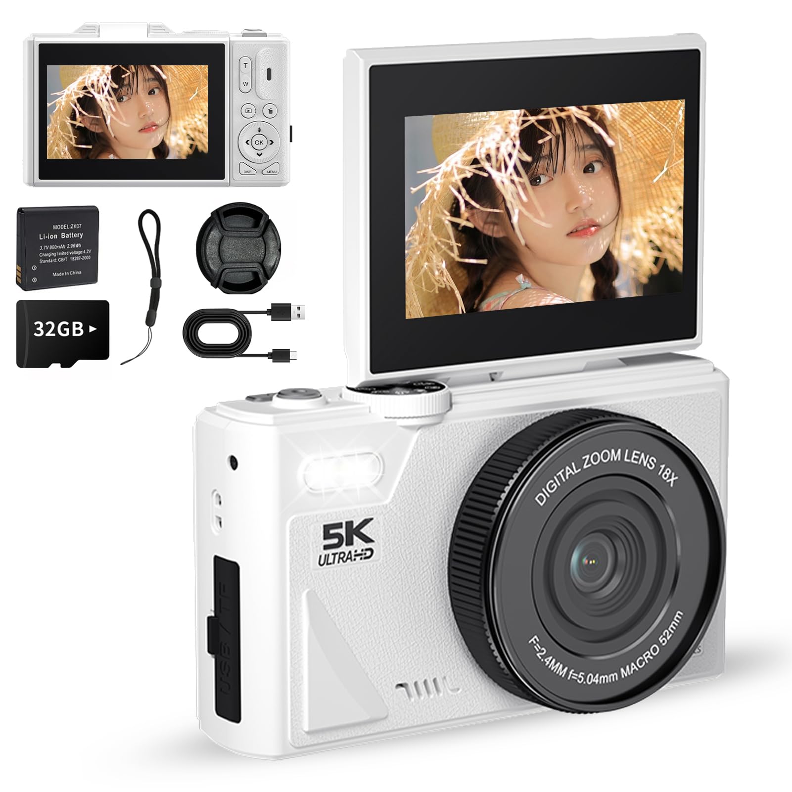 

Цифрова камера із записом 5K, 75 мегапікселів, передача через Wi-Fi, дисплей, що обертається на 180 градусів, для передачі на смартфон, карта пам яті 32 ГБ у комплекті, 18x