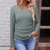 Women's V Neck Long Sleeve Knit Top Ruched Side Solid Color Textured Casual Basic T Shirt Fall Fashion Blouse