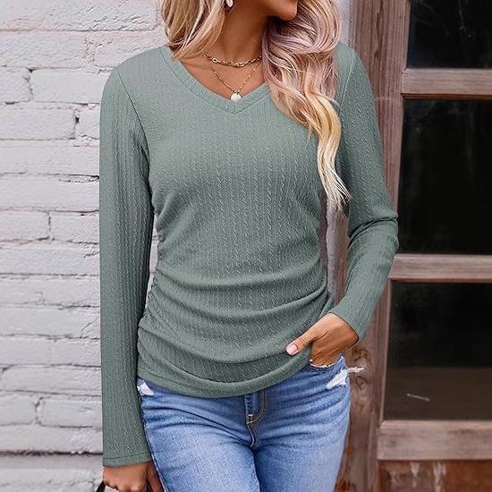 Women's V Neck Long Sleeve Knit Top Ruched Side Solid Color Textured Casual Basic T Shirt Fall Fashion Blouse