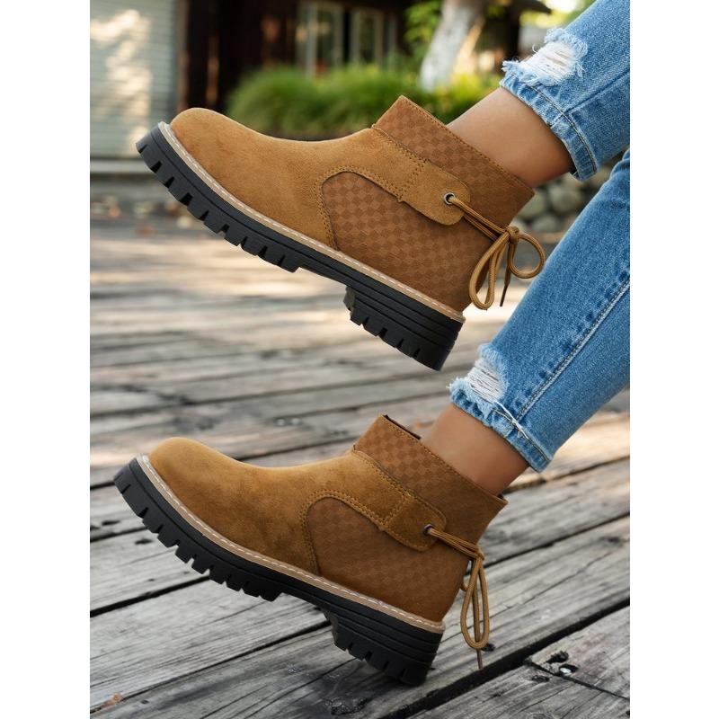 

Large size round toe square heel spliced back strap Martin boots new autumn and winter wear short suede women s boots 43 светло-коричневого