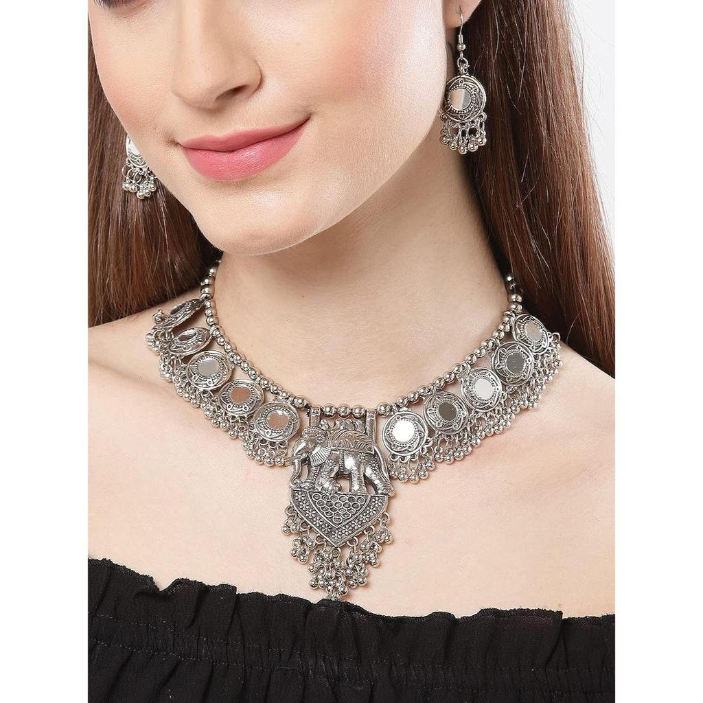 Shining Diva Fashion Latest Stylish Traditional Oxidised Silver Necklace Jewellery Set for Women