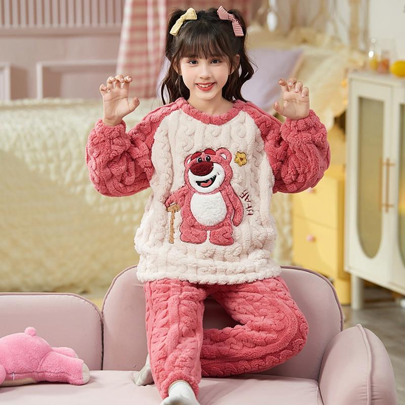 Girls Winter Coral Fleece Pajama Set Cartoon Animal Print Thick Warm Sleepwear Ages 8