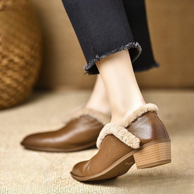 Damskie botki śnieżne do kostki Eleganckie szpiczaste ciepłe buty na średnim obcasie z krótkiego pluszu Kobieta Zima Nowy Trend 2025 Modne Chelsea Botas