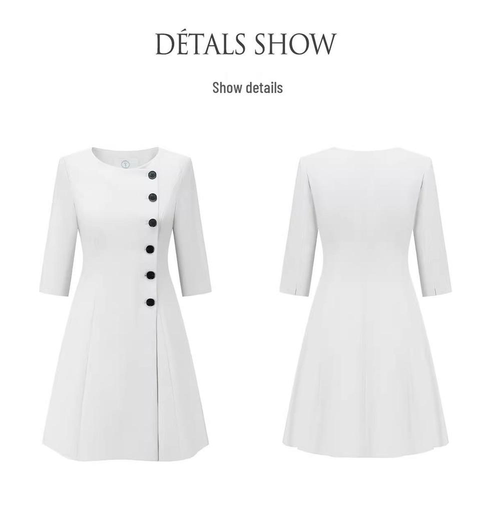 Stylish Beige A-Line Mid-Length Dress with Three-Quarter Sleeves and Round Neck for Spring/Summer
