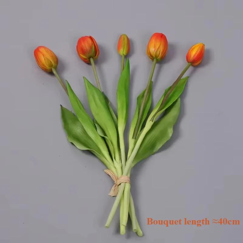 5pcs Artificial Flowers Soft Tulip Fake Flower Real Touch Home Garden Table Wedding Decoration Simulation 5-Head Tulips Bouquet