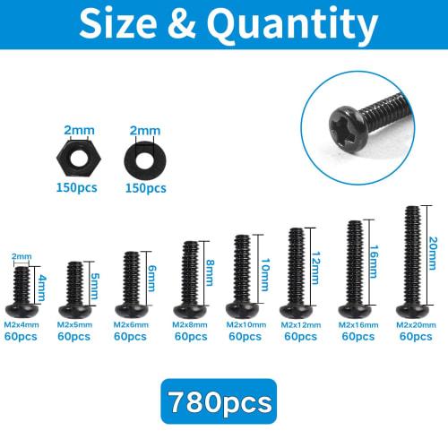 Zmbroll 780pcs M2x4/5/6/8/10/12/16/20mm Phillips Pan Head Screws, Black Metric Machine Screws, Fully Threaded Carbon Steel Fastener Bolts, Nuts, and W