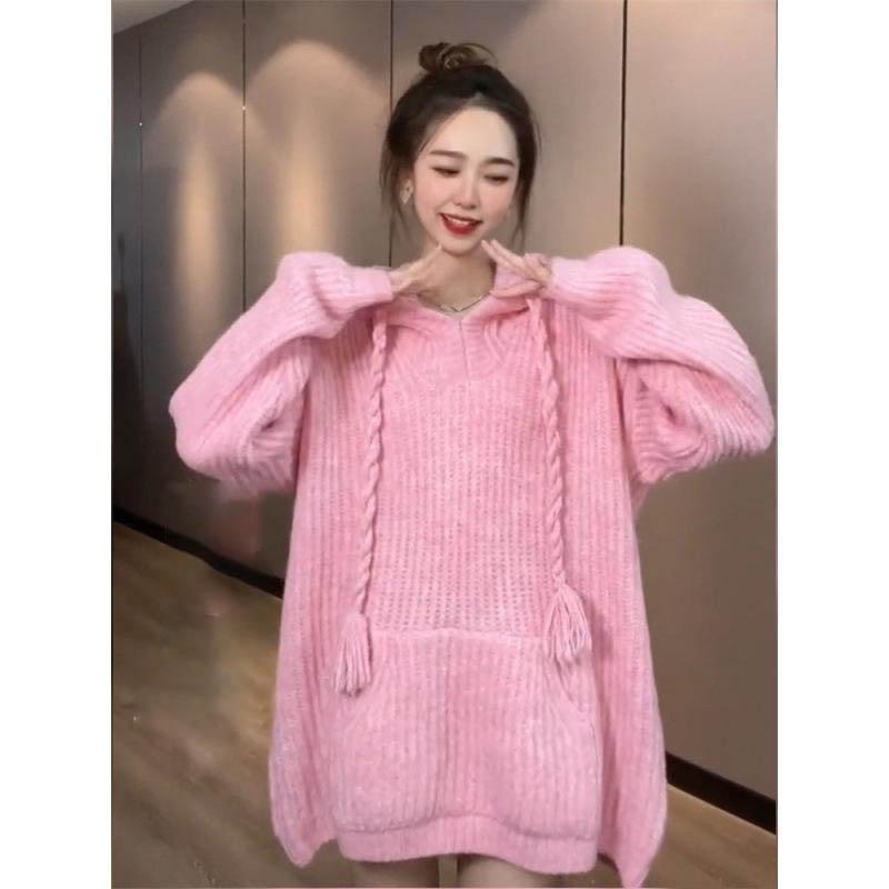 Korean Style Knitted Hoodies Women Spring Autumn Long Sleeves Hooded Sweater Coats Fashion Sweet All-matched Hoodies