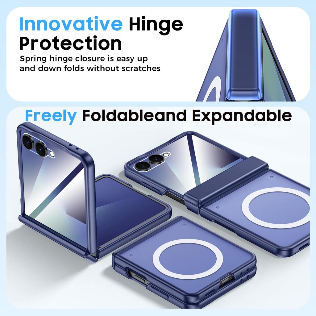 Magnetic Matte Protective Case with Tempered Glass Screen Protector and Hinge Protection for Samsung Galaxy Z Flip 7-Blue