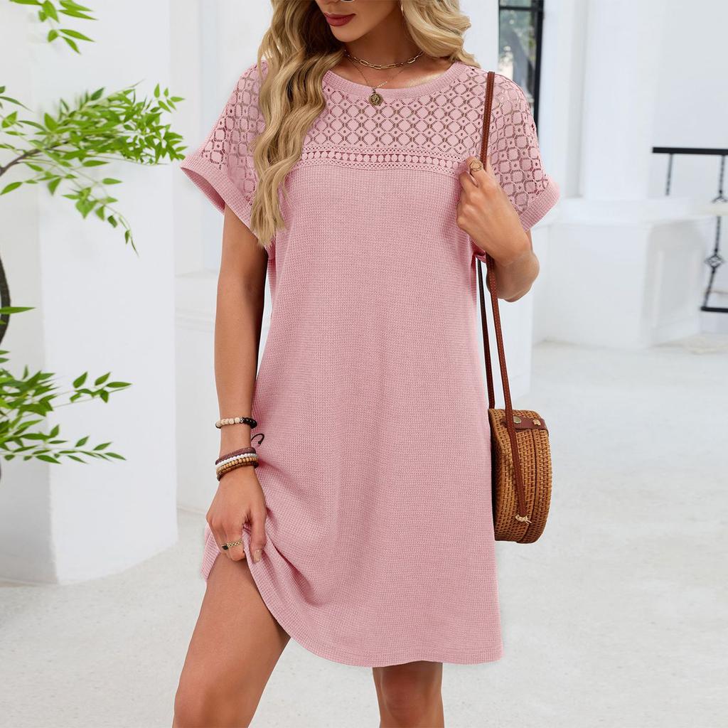 Damen Modisches Einfarbiges Rundhals Spitzen-Patchwork Locker Kurzärmeliges Kleid