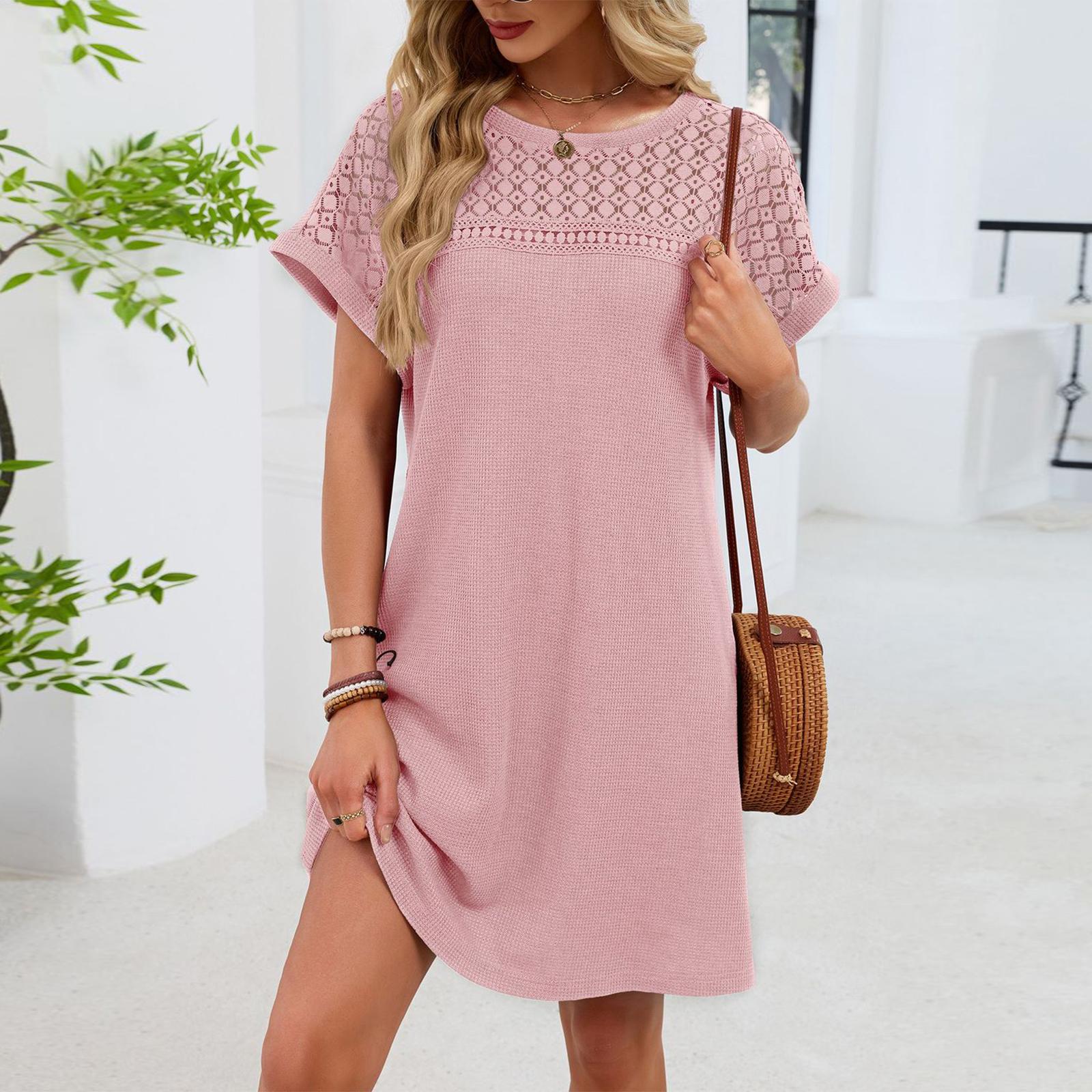 

Женское модное однотонное платье с круглым вырезом, кружевной вставкой, свободного кроя, с коротким рукавом XL розовый