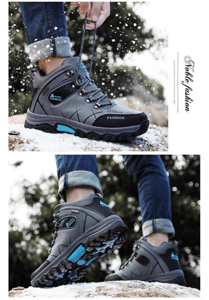 Men's High-Top Waterproof Leather Hiking Boots, Warm, Velvet-Lined, Thick-Sole, Large Size, Autumn/Winter Outdoor Off-Road Footwear.