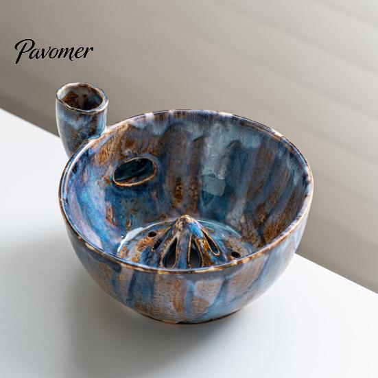 Kitchen Prep Accessory Ceramic Berry Washing Bowl with Drainage Holes, Multifunctional Fruit Handcrafted Kitchenware Colander Basin, Swirl Design