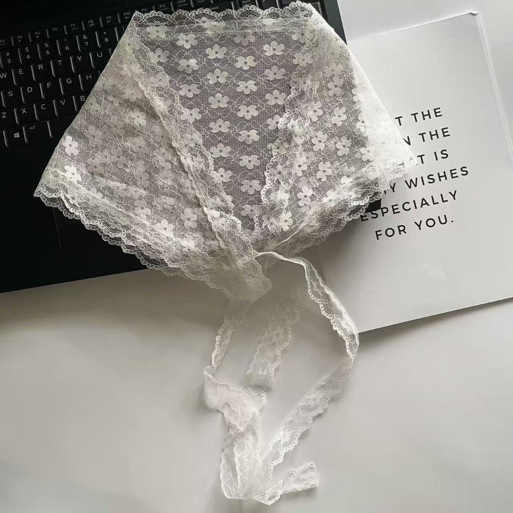 

Fashion White Woven Floral Lace Hair Scarf Wraps Sweet Retro Triangle Headscarf Breathable Hair Band Travel