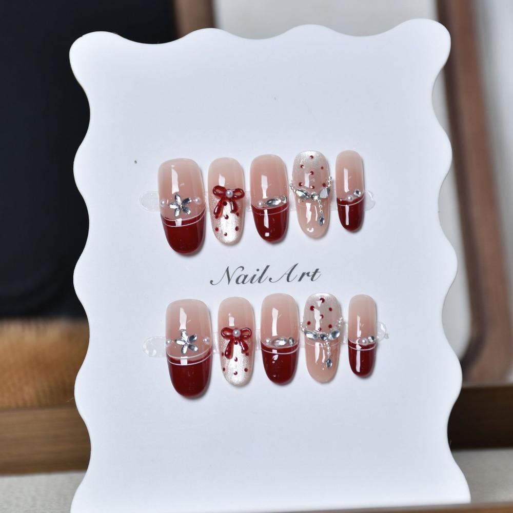 2026 New Wear Nail New Year's Red Nail Art Finished Fake Nail Patch Pure Handmade Cat's Eye Nail Patch