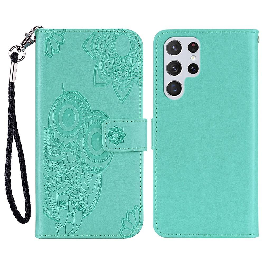 

For Samsung Galaxy S25 Ultra Case Owl Flower Imprinted Leather Cover Wallet with Strap Cyan