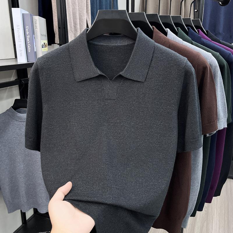 Men S Short Sleeve Turn Down Collar Knit Sweater Thin Casual Top