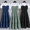 Fashion Strap Fake Two Piece Dress Block Summer Short Sleeved Dresses Women's Waist