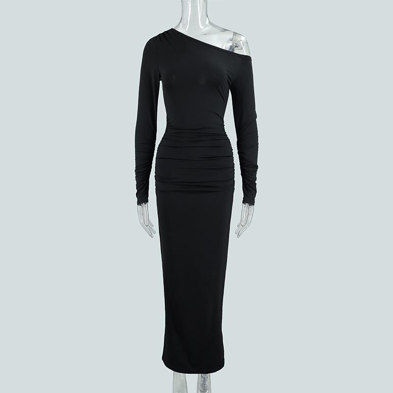 Sexy Young Woman Dress With Spliced Milk Silk Fabric And Pleated Long Sleeves For Casual Autumn Wear