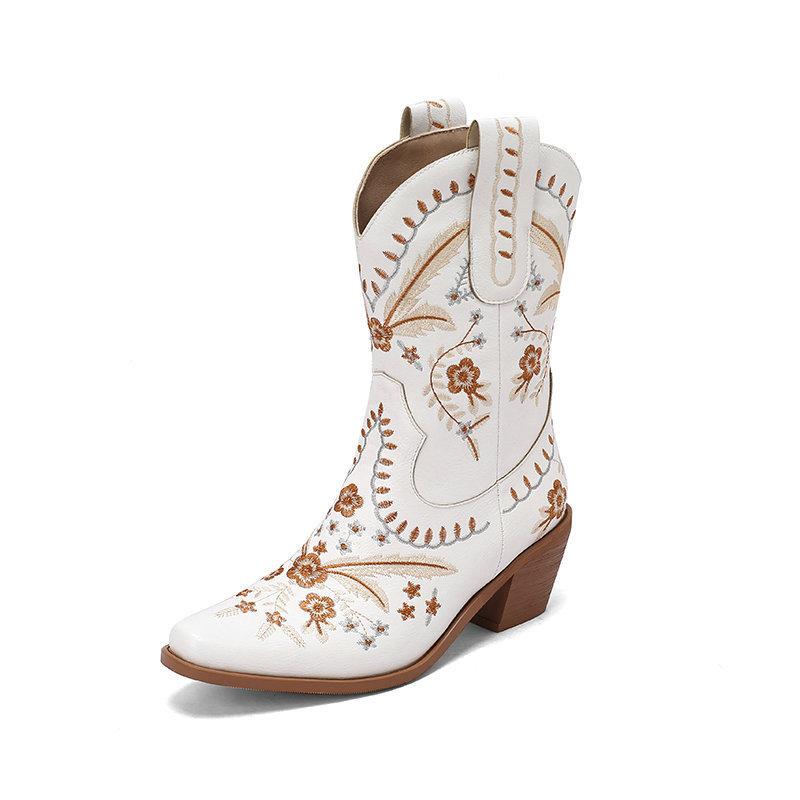 Western Cowboy Boots Embroidered Retro Square Head Tall Boots Thick Heel High Heel Medium Boots Bohemian Knight Boots Long Boots