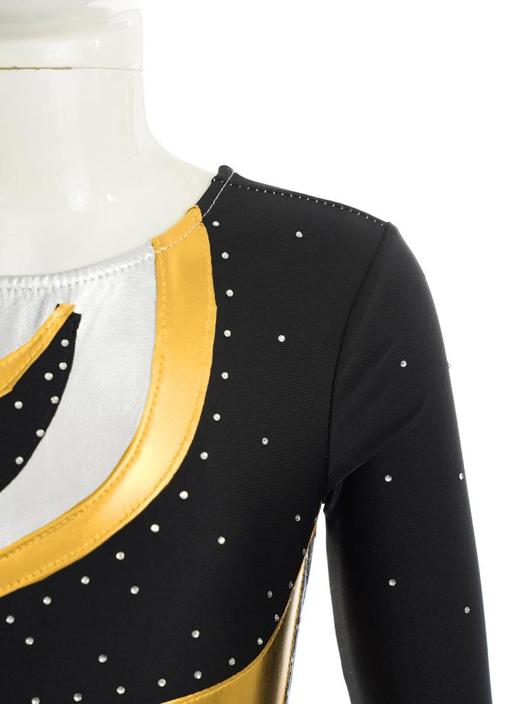 Dívčí taneční trikot s dlouhým rukávem a kontrastní bronzovou látkou s kamínky pro baletní nebo jazzová vystoupení