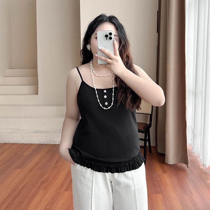 

Plus Size Women s Clothing [Sexy Small Sling] Summer Cool 100.00kg Inner Wear Cover Belly Outwear Lace Vest Tops Night Sky Black 3XL