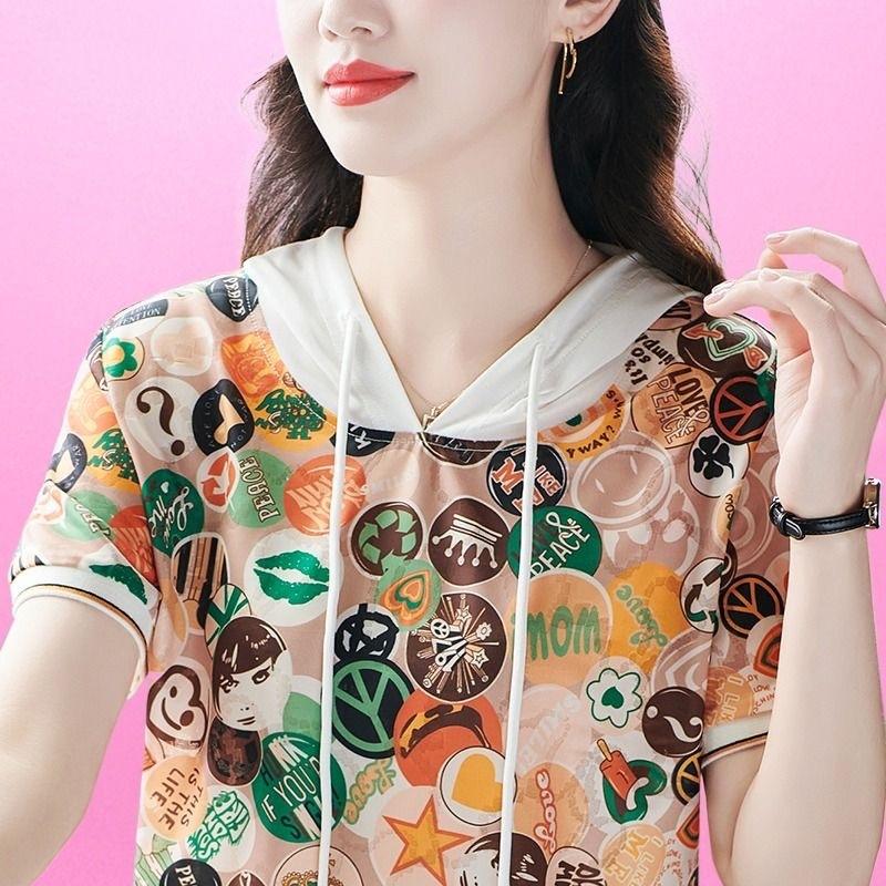 

Новая маленькая футболка для женщин, летняя женская свободная футболка с короткими рукавами и принтом для мам с капюшоном 4XL
